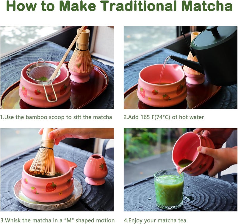 KOIMYSA Pink Strawberry Matcha Set Whisk And Ceremony Bowl, 5 Pcs Ceramic Traditional Matcha Making Kit Gift Set For Women Friends Tea Lover - Image 4